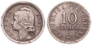 Angola, Portuguese Colony, 10 Centavos Copper-Nickel 1921, Laureate head left, KM 63 KEY DATE, VF (some edgenicks)
