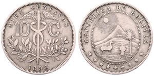 Bolivia, Republic, 10 Centavos Copper-Nickel 1899, Cornucopia and torch flank date, KM 174.1, VF