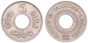 Palestine, British Administration, 5 Mils Copper-Nickel 1935, Value above center hole, KM 3, XF