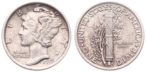 United States of America, Republic, 1 Dime Silver 1919, Mercury dime, KM 140, VF