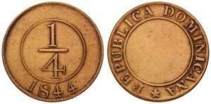 Dominican Republic, Republic, 1/4 Reaal Bronze 1844, Large denomination within circle above date, KM 1, VF (cleaned)