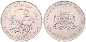 Somalia, Democratic Republic, 5 Shillings Copper-Nickel 1970, F.A.O. - Grow More Food - Cow, Goat, Sheep and Fruit, KM 15, UNC