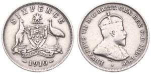 Australia, British Colony, Edward VII, 6 Pence Silver 1910, Crowned bust right, KM 19, VF