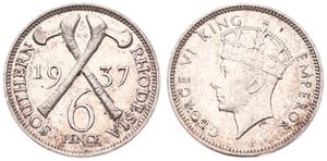 Southern Rhodesia, British Colony, George VI, 6 Pence Silver 1937, Crowned head left, KM 10, A.XF