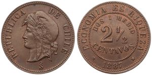 Chile, Republic, 2-1/2 Centavos Copper 1887, Liberty head left, KM 150, XF