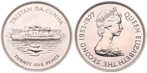 Tristan da Cunha, St. Helena Dependency, Elizabeth II, 25 Pence Copper-Nickel 1977, Silver Jubilee - Boat and Rock, KM 1, B.UNC 