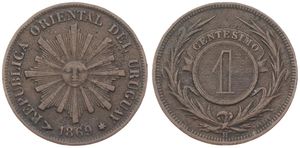 Uruguay, Republic, 1 Centesimo Bronze 1869H, Radiant sun face, KM 11, VF