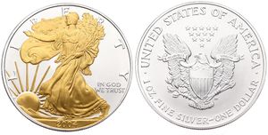 United States of America, Republic, 1 Dollar Silver 2004, American Eagle - 24Kt Gold Plated Liberty walking left, KM NL, UNC