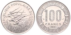 Congo Republic, Peoples Republic, 100 Francs Nickel 1975, Three giant eland left, KM 2, A.UNC