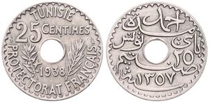 Tunisia, French Protectorate, Ahmad Pasha Bey, 25 Centimes Nickel-Bronze AH1357-1938, Inscription around center hole within sprigs, KM 260, XF