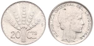 Uruguay, Republic, 20 Centesimos Silver 1942, Laureate head right, KM 29, A.UNC