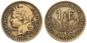 Cameroon, French Mandate, 1 Franc Aluminum-Bronze 1925, Laureate head left, KM 2, VF/XF