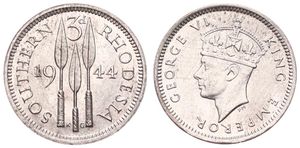 Southern Rhodesia, British Colony, George VI, 3 Pence Silver 1944, Crowned head left, KM 16a, UNC