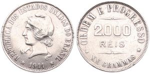 Brazil, Republic, 2000 Reis Silver 1911, Liberty head left, KM 508, VF