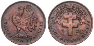 Cameroon, French Mandate, 1 Franc Bronze 1943SA, Rooster left / Cross of Lorraine, KM 5, VF