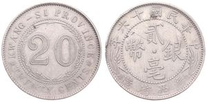China, Kwangsi Province, 20 Cents Silver ND (1926-1927), Denomination within wreath, KM 415b, VF
