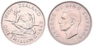 New Zealand, British Dependency, George VI, 1 Shilling Silver 1943, Crouched Maori Warrior left, KM 9, XF