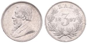 South Africa, Republik, 3 Pence Silver 1897, Bust of Paul Kruger left, KM 3, VF