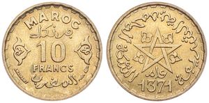Morocco, French Protectorate, Mohammed V, 10 Francs Aluminum-Bronze AH1371 (1952), Star of David above date, KM 49, UNC