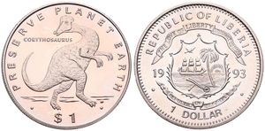 Liberia, Republic, 1 Dollar Copper-Nickel 1993, Prehistorical Animals - Corythosaurus, KM 109, UNC