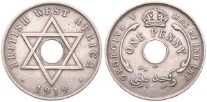 British West Africa, Colony, George V, 1 Penny Copper-Nickel 1919KN, Crown above center hole, KM 9, SCARCE DATE, VF