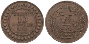 Tunisia, French Protectorate, Muhammad al-Nasir Bey, 10 Centimes Bronze AH1326 - 1908, Inscription within sprigs, KM 236, XF