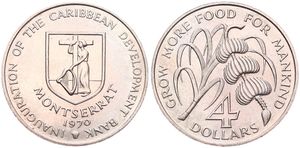 Montserrat, British Colony, 4 Dollars Copper-Nickel 1970, F.A.O. - Sugarcane & Banana tree branch, KM 30, UNC