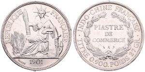 French Indo-China, Colony, 1 Piastre Silver 1901A, Liberty seated left with fasces, KM 5a.1, VF+