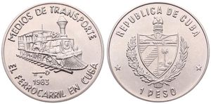 Cuba, Second Republic, 1 Peso Copper-Nickel 1983, Railroad - Old Locomotive, KM 106, UNC