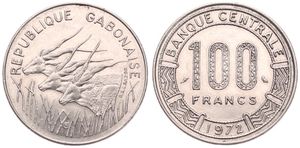Gabon, Republic, 100 Francs Nickel 1972, Three giant eland left, KM 12, A.UNC