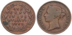 Straits Settlements, British India Government, Victoria, 1 Cent Copper 1862, Crowned head left, KM 6, Fine