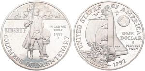 United States of America, Republic, 1 Dollar Silver 1992P, 500th Anniversary of Columbus Discovery, KM 238, PROOF