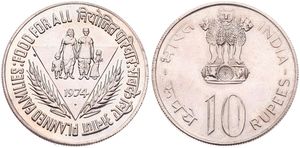 India, Republic, 10 Rupees Copper-Nickel 1974, F.A.O. - Planned Family within triangle, KM 189, B.UNC