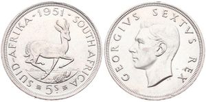 South Africa, British Colony, George VI, 5 Shillings Silver 1951, Head left - Springbok, KM 40.2, UNC-