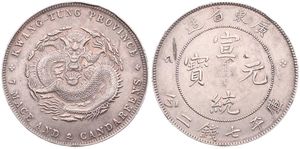 China, Kwangtung Province, 1 Dollar Silver ND (1909-1911), Dragon facing / Legend within beaded circle, KM 206, XF