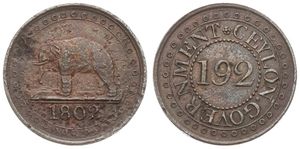 Ceylon, British Colony, George III, 1/92 Rixdaler Copper 1802, Elephant above date within circle, KM 73, A.VF