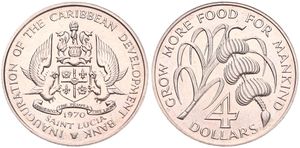 Saint Lucia, British Associated State, 4 Dollars Copper-Nickel 1970, F.A.O. - Sugar cane & banana tree branch, KM 11, UNC