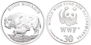 WWF, World Wide Fund for Nature, Medal in Silver 1986, 30th Anniversary of WWF - Bison Bonasus (Bison) / WWF Logo surrounded by legend, PROOF