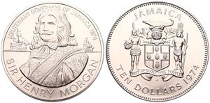 Jamaica, British Colony, Elizabeth II, 10 Dollars Copper-Nickel 1974, Sir Henry Morgan and Sailing Ships, KM 63, UNC