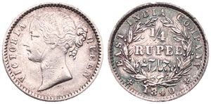 India-British, Colony, East India Company, 1/4 Rupee Silver 1840, Head of Victoria left, KM 454, VF