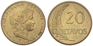 Peru, Republic, 20 Centavos Brass 1944, Laureate head right, KM 221.1, A.UNC