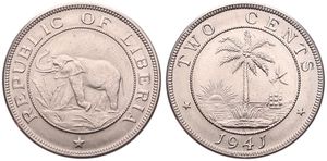 Liberia, Republic, 2 Cents Copper-Nickel 1941, African Elephant within beaded circle above star, KM 12a, UNC