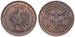 French Equatorial Africa, Colony, 50 Centimes Bronze 1943 SA, Rooster left with shield above, KM 1a, UNC