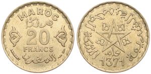 Morocco, French Protectorate, Mohammed V, 20 Francs Aluminum-Bronze AH1371 (1952), Star of David above date, KM 50, UNC