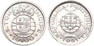 Saint Thomas & Prince, Portuguese Colony, 10 Escudos Silver 1951, National arms, KM 14, XF (slightly cleaned)