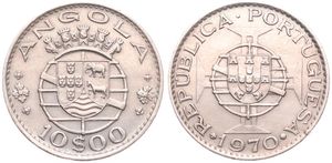 Angola, Portuguese Colony, 10 Escudos Copper-Nickel 1970, National arms, KM 79, XF