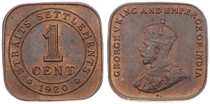 Straits Settlements, British Colony, George V, 1 Cent Bronze 1920, Crowned bust left, KM 32, A.UNC