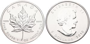 Canada, Confederation, Elizabeth II, 5 Dollars Silver 2010, Maple Leaf - New bust right, KM 625, UNC