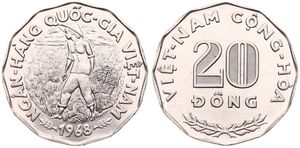 Vietnam, Republic, 20 Dong Nickel Clad Steel 1968, F.A.O. - Farmer in rice paddy, KM 10, UNC