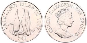 Falkland Islands, British Colony, Elizabeth II, 50 Pence Copper-Nickel 1987, World Wildlife Fund - King Penguins, KM 25, UNC 